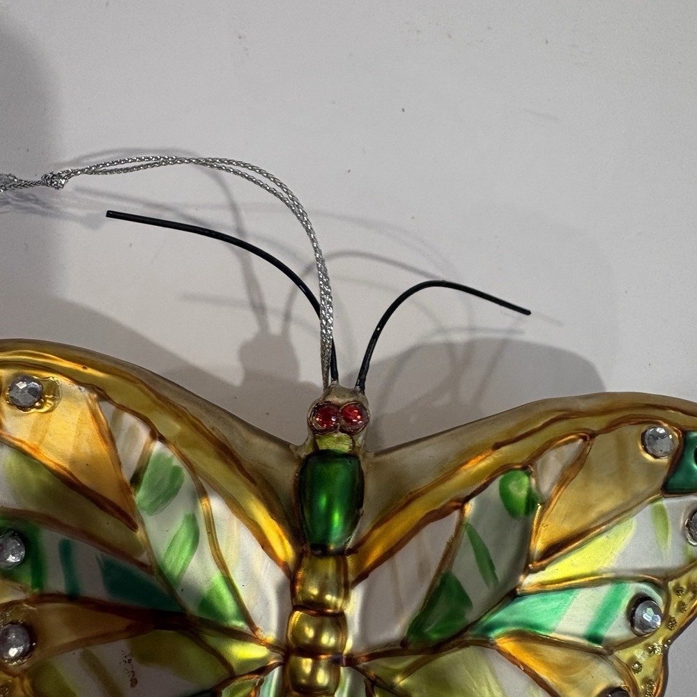 Vintage Hand Blown Glass Butterfly Ornament Gold Green Jeweled Christmas Decor - Picture 4 of 7